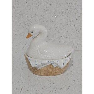 Vintage Swan On Nest Basket Country Goose Ceramic Candy Dish Cottagecore